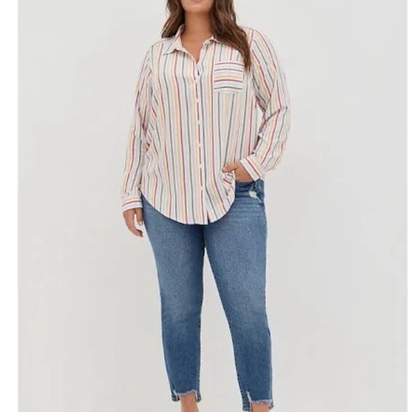 Torrid Lizzie Multi Stripe Button-Up Shirt sz2 NWT RAINBOW STRIPES BLOUSE - Picture 2 of 5